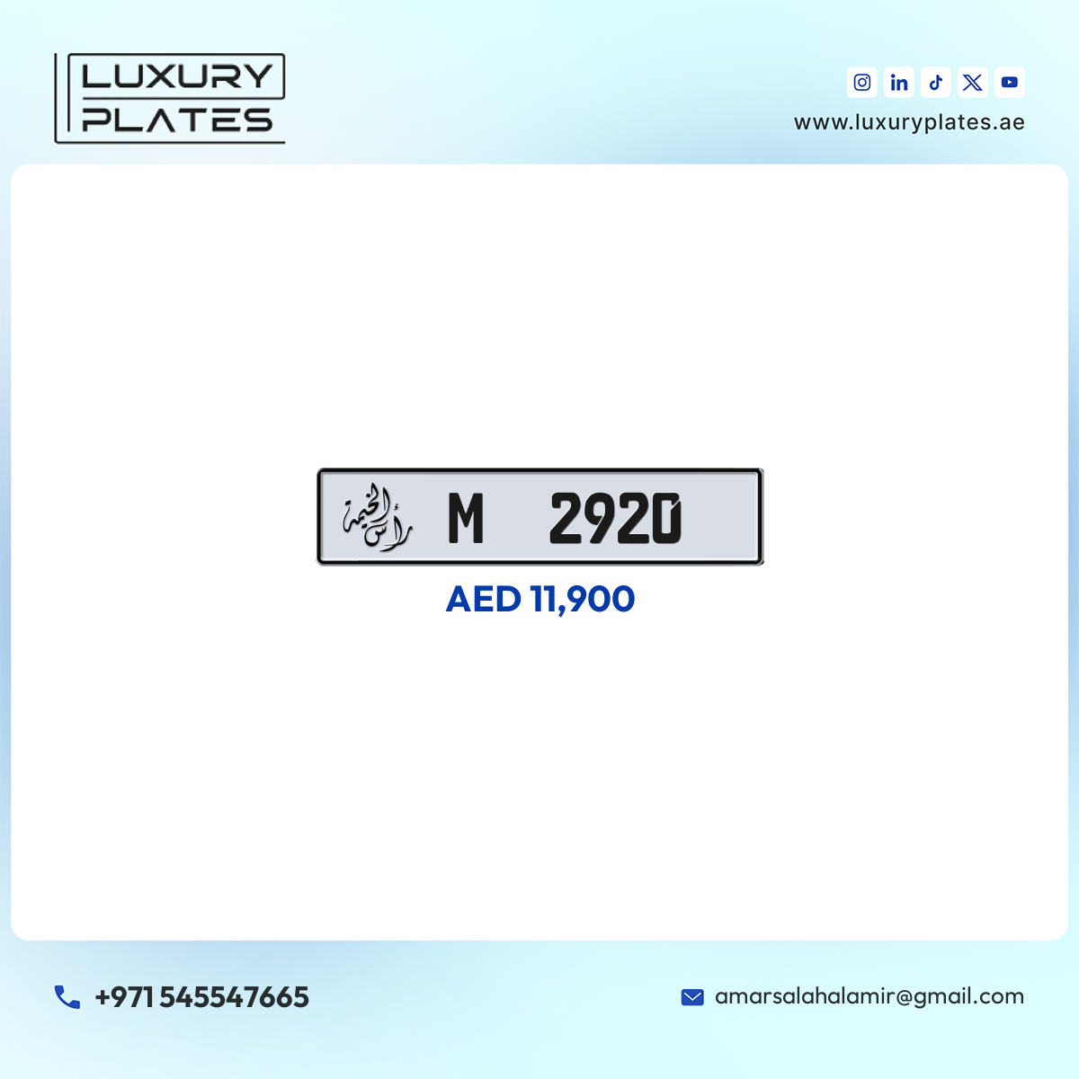 رقم لوحة رأس الخيمة 2920 شفرة M للبيع