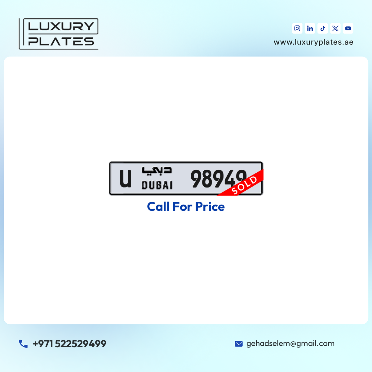 U 98949 Dubai License Plate