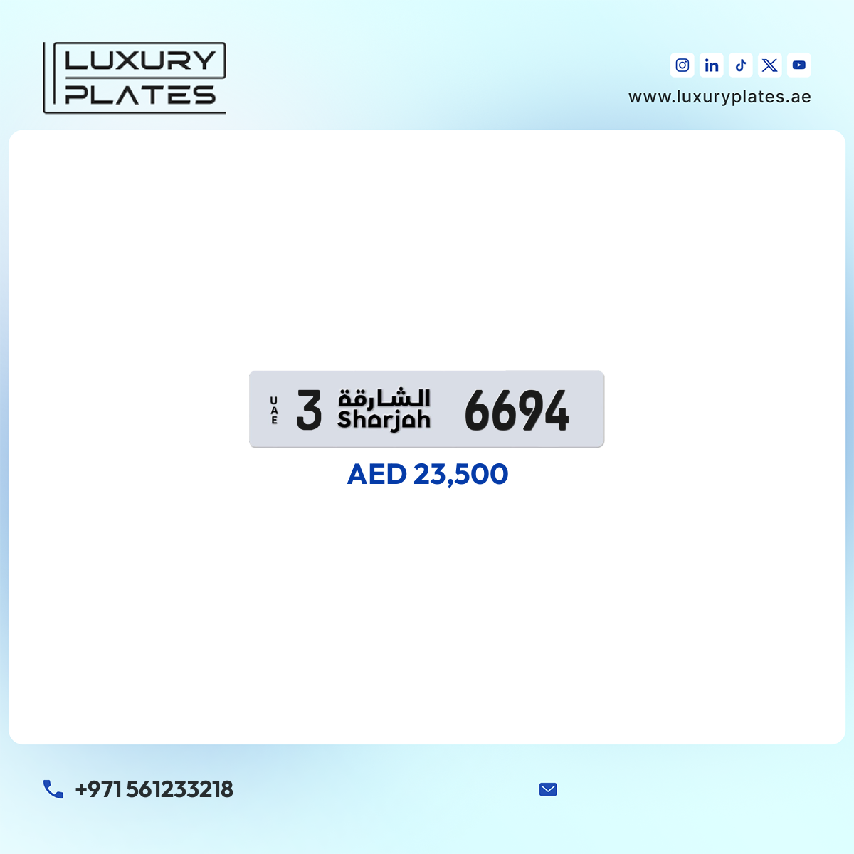 3 6694 Sharjah License Plate