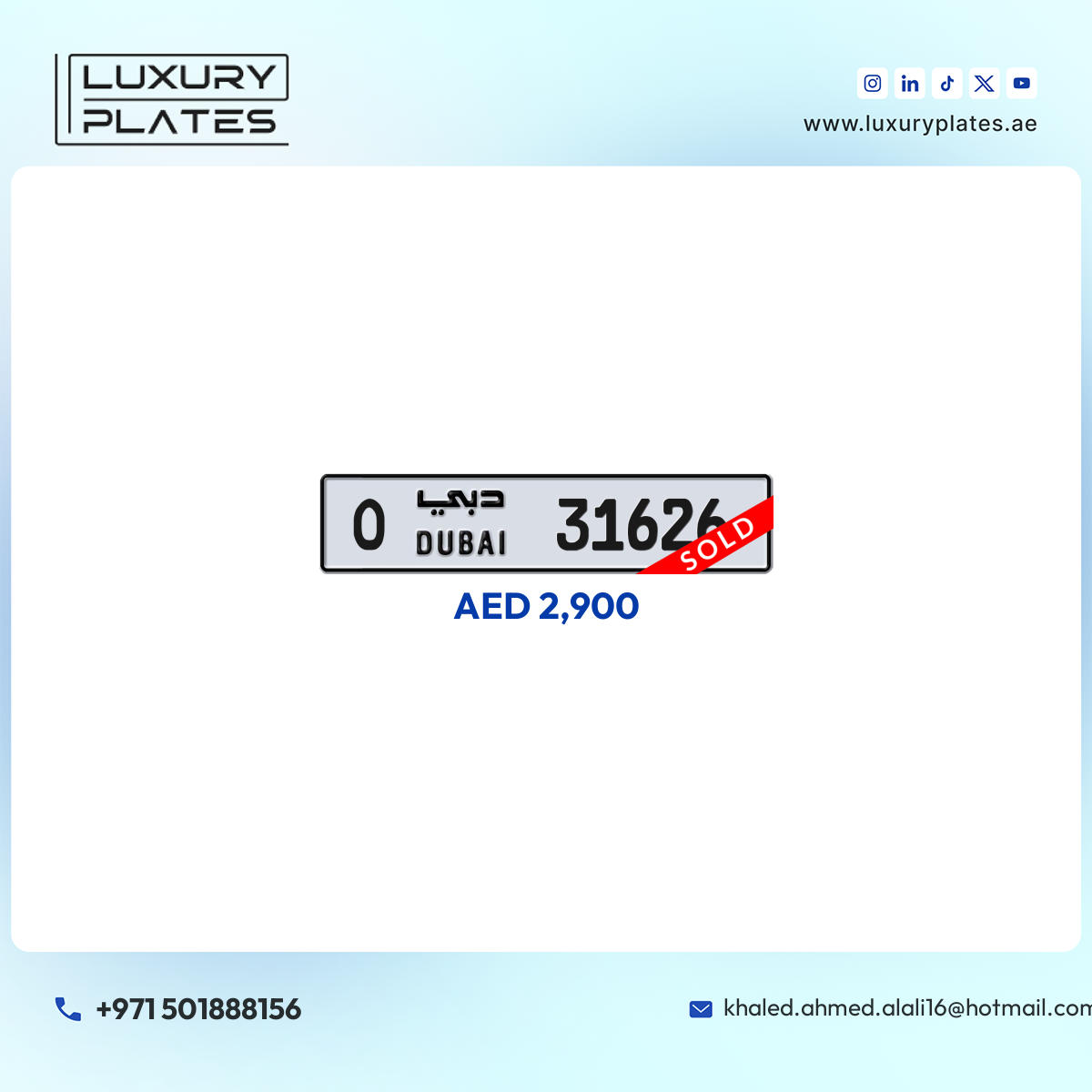 O 31626 Dubai License Plate