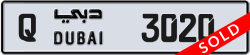 Plate number Dubai 3020 code Q For sale